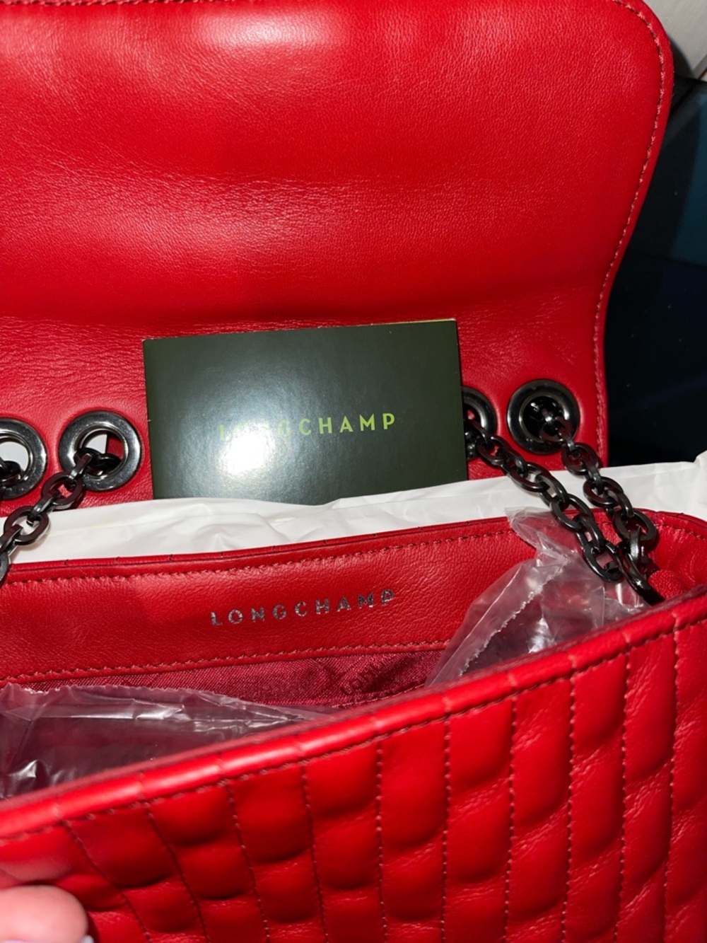 Longchamp Amazone Leather Quilted Chain Strap Shoulder Crossbody Bag in Red NWT - Picture 5 of 7